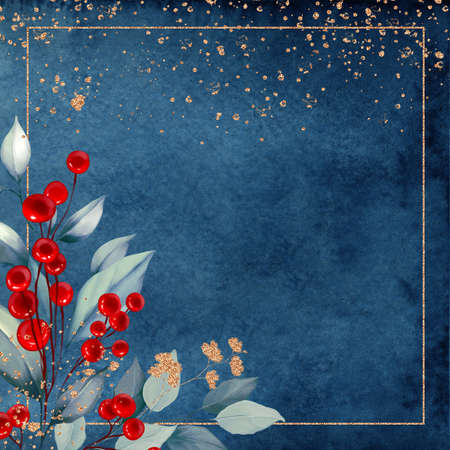 Corporate Christmas cards and invitations with Poinsettia, holly, winter berries in bouquet. Modern universal artistic templates. Floral backgrounds design. Watercolor botanical social media postの写真素材
