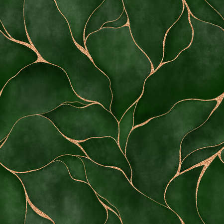 green watercolor background with golden line and Liquid marble texture. Seamless pattern abstract leaf. Modern background. Elegant luxury wallpaper hand paintedの写真素材