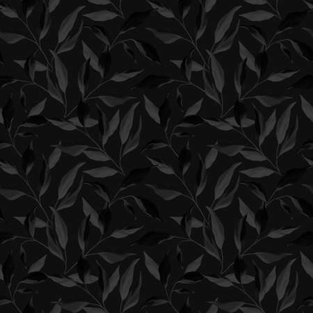 Watercolor seamless pattern with tree, branches, palm leaves, plants and leaf on black background. Exotic forest wallpaper. Hand drawn artistic Design for wrappers, fabric, cardsの写真素材