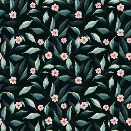 Watercolor tiny floral seamless pattern. flowers, green leaves, branches on dark background. Exotic jungle wallpaper. Hand drawn Botanic Design for wrappers, greeting cards, romantic eventsの写真素材