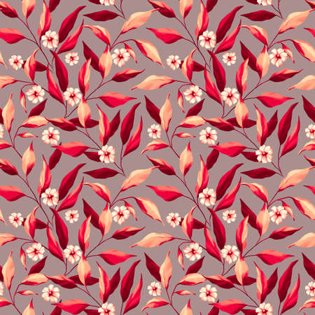Watercolor tiny floral seamless pattern. flowers, pink leaves, branches on grey background. Exotic jungle wallpaper. Hand drawn Botanic Design for wrappers, greeting cards, romantic eventsの写真素材