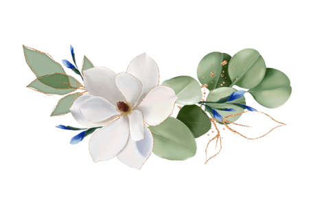 Flowers bouquet isolated on white background. White, purple, very peri tropical flowers with green leaves. Spring floral composition for designの写真素材