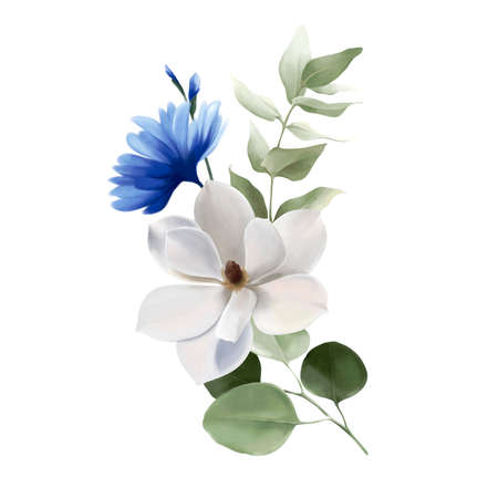Flowers bouquet isolated on white background. White, purple, very peri tropical flowers with green leaves. Spring floral composition for designの写真素材