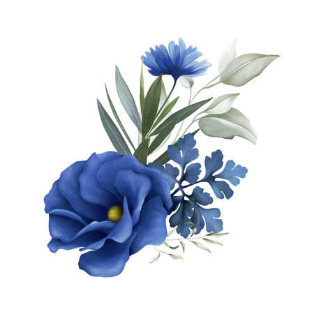 Flowers bouquet isolated on white background. White, purple, very peri tropical flowers with green leaves. Spring floral composition for designの写真素材