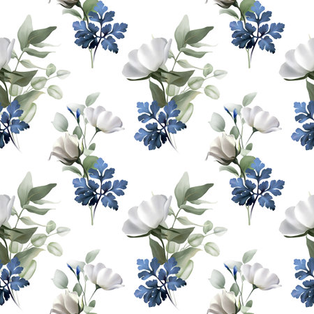 Floral seamless pattern on white background. Watercolor illustration with garden white, lilac flowers, leaves, eucalyptus. Botanic tile. Template designの写真素材