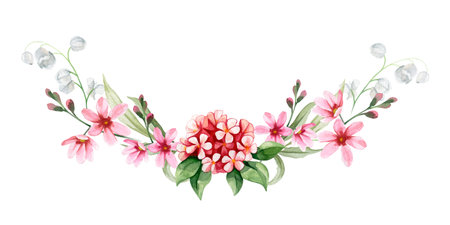 Watercolor Floral Bouquet. Arrangements with garden wild flowers. Botanical illustration set. Herbal elements of wild flowers, leaves.の写真素材