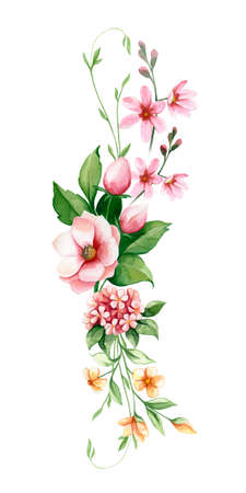 Watercolor Floral Bouquet. Arrangements with garden wild flowers. Botanical illustration set. Herbal elements of wild flowers, leaves.の写真素材