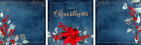 Corporate Christmas cards and invitations with Poinsettia, holly, winter berries in bouquet. Modern universal artistic templates. Floral backgrounds design. Watercolor botanical social media postの写真素材