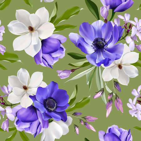 Floral seamless pattern on purple background. Watercolor illustration with garden white, lilac flowers, leaves, eucalyptus. Botanic tile. Template designの写真素材