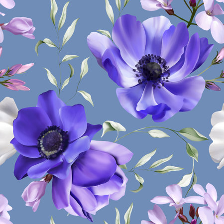 Floral seamless pattern on purple background. Watercolor illustration with garden white, lilac flowers, leaves, eucalyptus. Botanic tile. Template designの写真素材