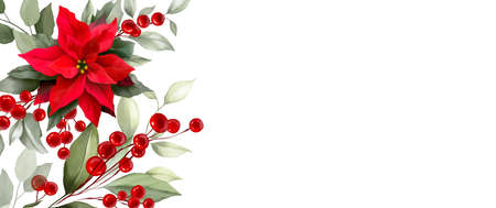 Corporate Christmas cards and invitations with Poinsettia, holly, winter berries in bouquet. Modern universal artistic templates. Floral backgrounds design. Watercolor botanical social media postの写真素材