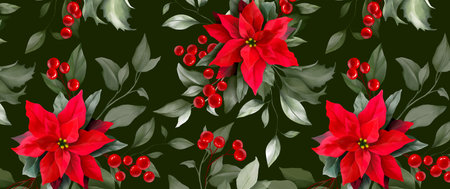 Floral, holly, winter berries in Christmas bouquet. Modern universal artistic templates. Corporate...