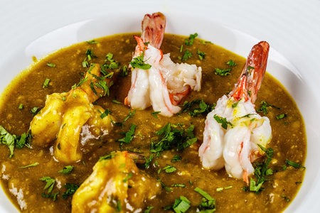Prawn curry on white plate served with parsleyの写真素材