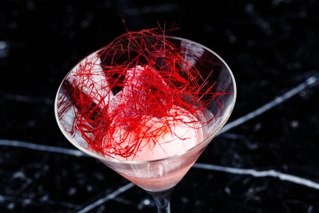 one scoop of the Strawberry ice cream in martini glass on the black marble background