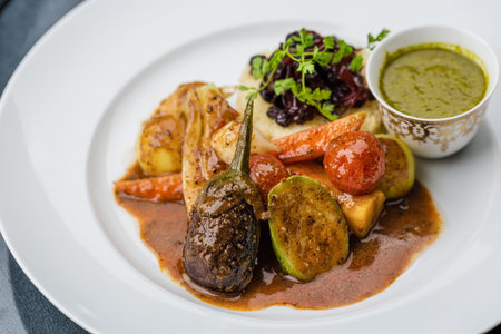 Steamed vegetables with mashed potatoes and sauce