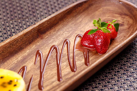 Dessert Panna Cotta with passion fruit strawberry and mint, Italian dessertの写真素材