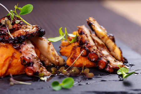 grilled octopus served with mashed potatoesの写真素材