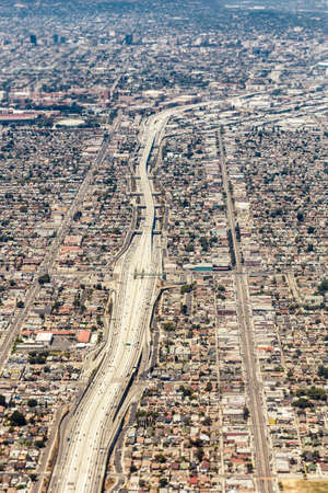 Aerial view of a massive highway intersection in Los Angelesの写真素材