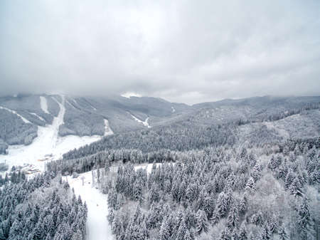Aerial view of forest in the winter during the snowfall in the area of Bucovel in Ukrain. Captured from above with a drone.の写真素材