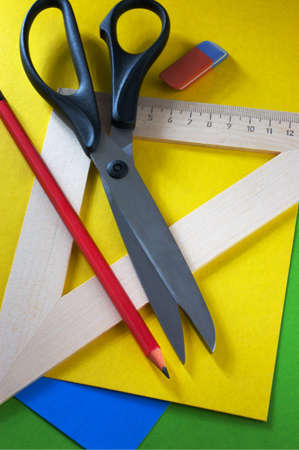 Group of office accessories on a color cardboard の写真素材