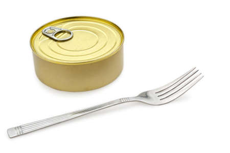 Canned Food and fork On a light grey backgroundの写真素材