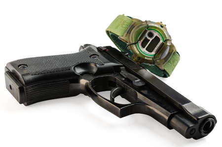 gun and Electronic Wrist Watch on white backgroundの写真素材