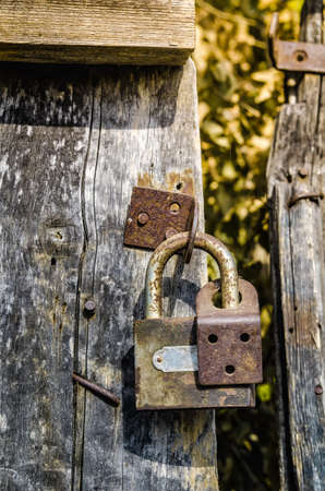 old padlock with a torn loops on wooden gateの写真素材