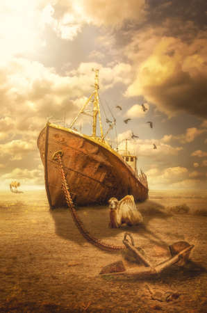 ships of the desert (illustration of a fictional situation, in the form collage of photos)の写真素材