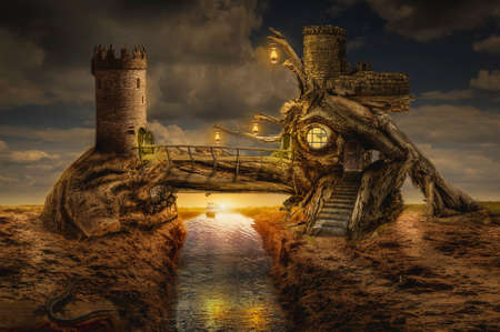 fairy house fort over the water channel in the desert, (illustration of a fictional situation, in the form collage of photos)の写真素材