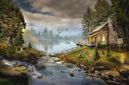 house in the the forest by the creek illustration of a fictional situation, in the form collage of photos house in the the forest by the creek illustration of a fictional situation, in the form collage of photos