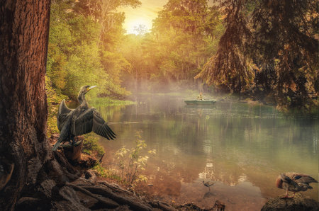 fisherman in a boat on calm misty lake