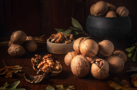 walnuts on a dark background in a rustic style