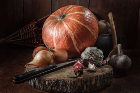 Pumpkin and other vegetables on a dark wooden backgroundの写真素材