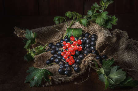 ripe currant berries on a dark wooden backgroundの写真素材