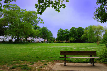 Lonely bench in the park in stormy weatherの写真素材