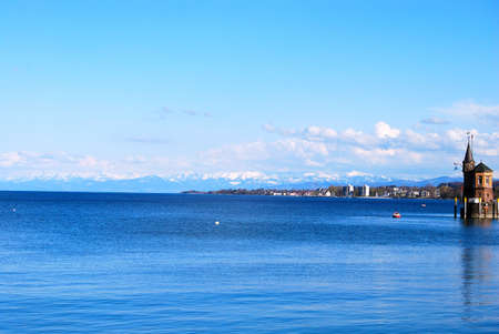 View of Boden Lake and Konstance lighthouse, Southern Germany - Northern Switzerlandの写真素材
