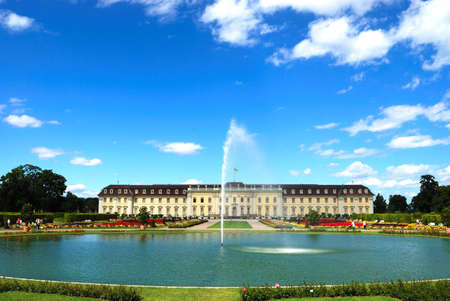Fountain and the pond in front of royal palace -  panoramic view. Baden-Wurttemberg, Ludwigsburg, South Germanyの写真素材