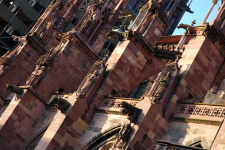 Statues on Freiburg Cathedral close-up view, southern Germanyの写真素材