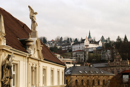 Religious statues and Baden-Baden cityscape, Baden-Wurttemberg, Germany