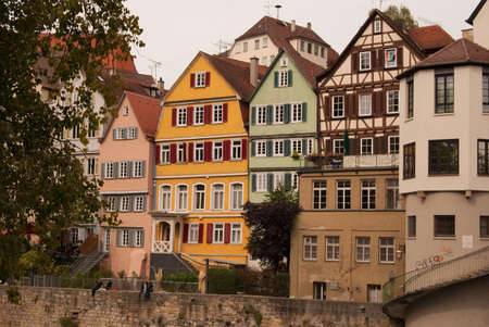 Tubingen embankment and medieval buildings, Baden Wurttemberg, Germanyの写真素材