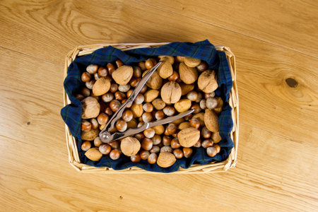 Wicker basket of nuts in tartan fabric