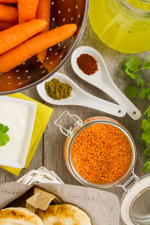Part of a series showing the preparation of Spiced Carrot and Lentil Soup.の写真素材