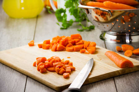 Part of a series showing the preparation of Spiced Carrot and Lentil Soup.の写真素材