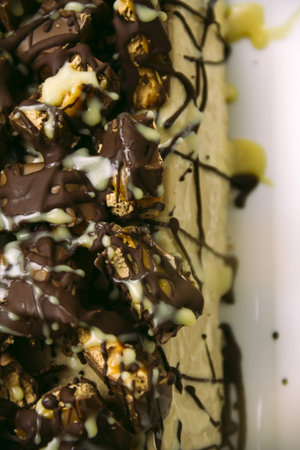 Chocolate and Caramel topped ice cream bar detail