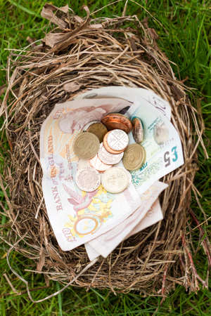 Nest filled with Btitish money. This nest was an abandoned nest found in a hedge that was being removed.の写真素材