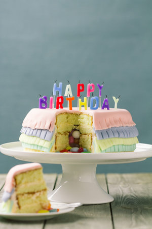 Series on Pinata Cake, a celebration cake with a hidden stash of sweets inside.の写真素材