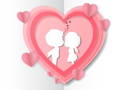 A picture of a boy and a girl kissing, have hearts all around. Love card Valentine's day on abstract background. Paper craft style. Paper art style. Paper cut and craft style. vector, illustration.のイラスト素材