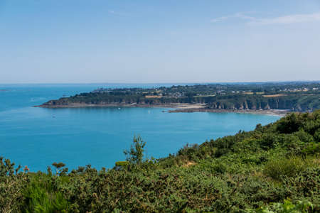 View of the sea and the islets of the tip of Plouha, in Plouha in the CÃ´tes-d'Armor in Brittany.の写真素材
