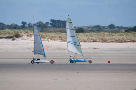 Sand yachting lessons on a beach in FinistÃ¨re in Brittany.の写真素材