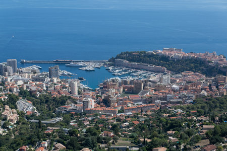 Mediterranean coast between La Turbie and Nice on the French Riviera in France.の写真素材
